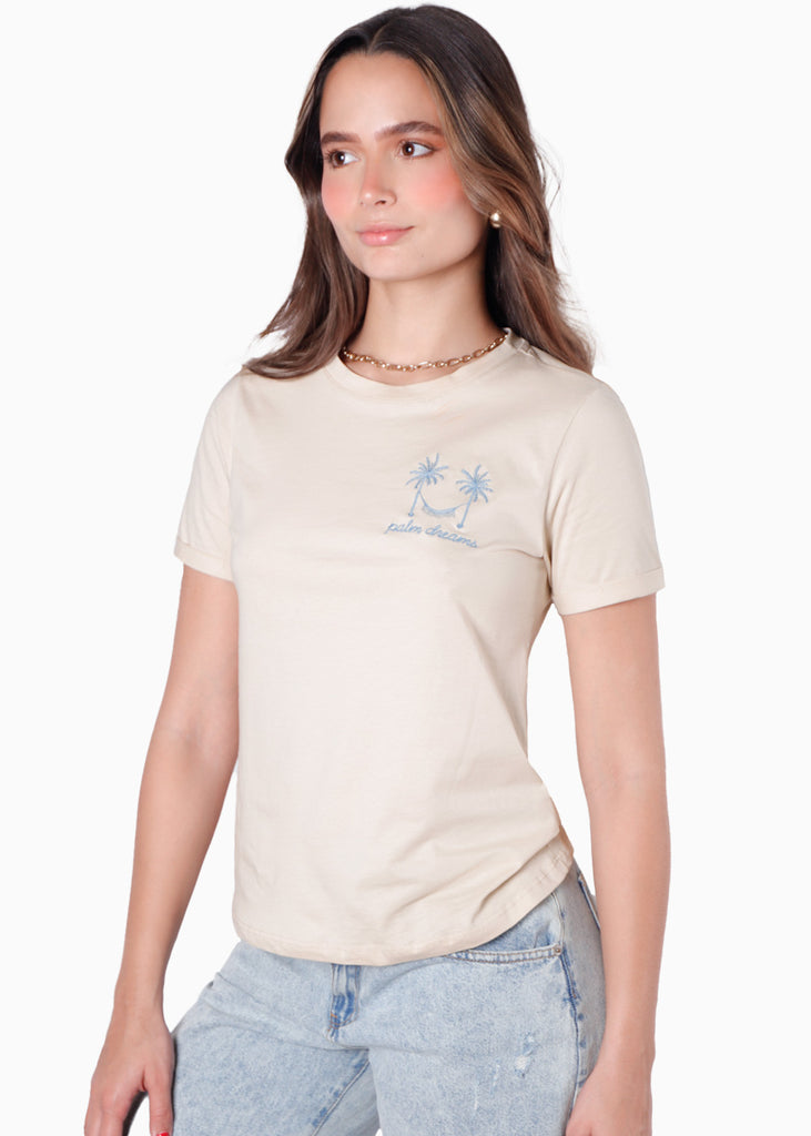 Camiseta con bordado "Palm Dreams" color beige para mujer - Flashy