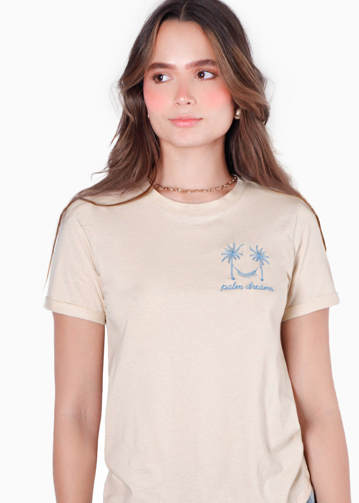 Camiseta con bordado "Palm Dreams" color beige para mujer - Flashy