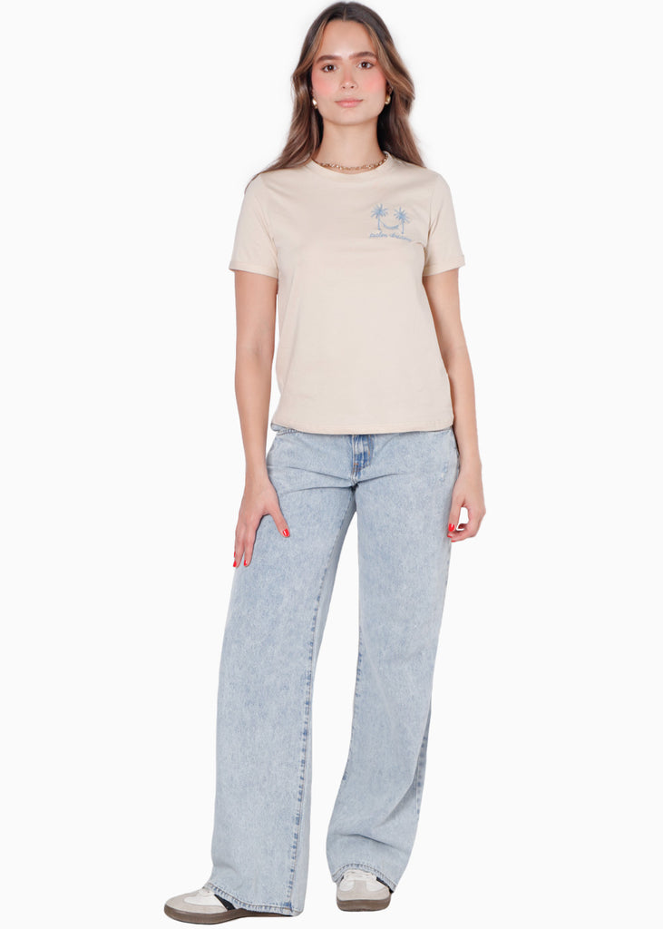 Camiseta con bordado "Palm Dreams" color beige para mujer - Flashy