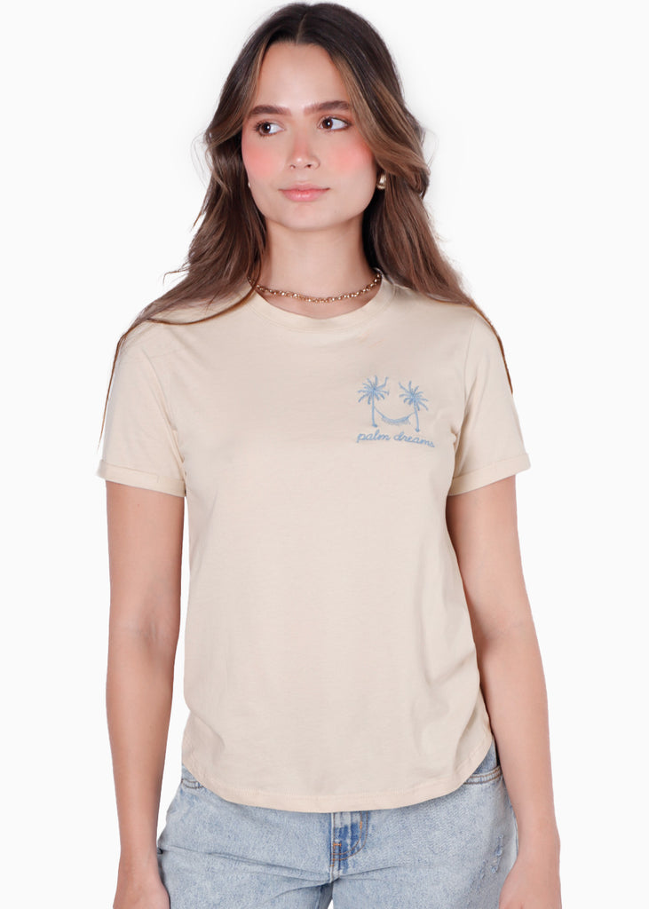 Camiseta con bordado "Palm Dreams" color beige para mujer - Flashy