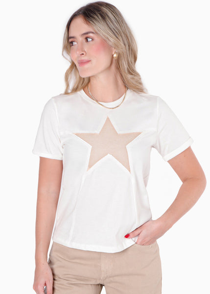 Camiseta con detalle de estrella en rib color blanco, marfil para mujer - Flashy