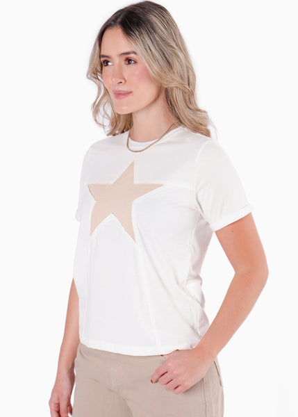 Camiseta con detalle de estrella en rib color blanco, marfil para mujer - Flashy