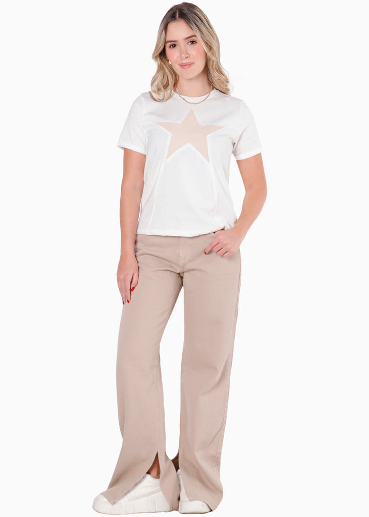 Camiseta con detalle de estrella en rib color blanco, marfil para mujer - Flashy