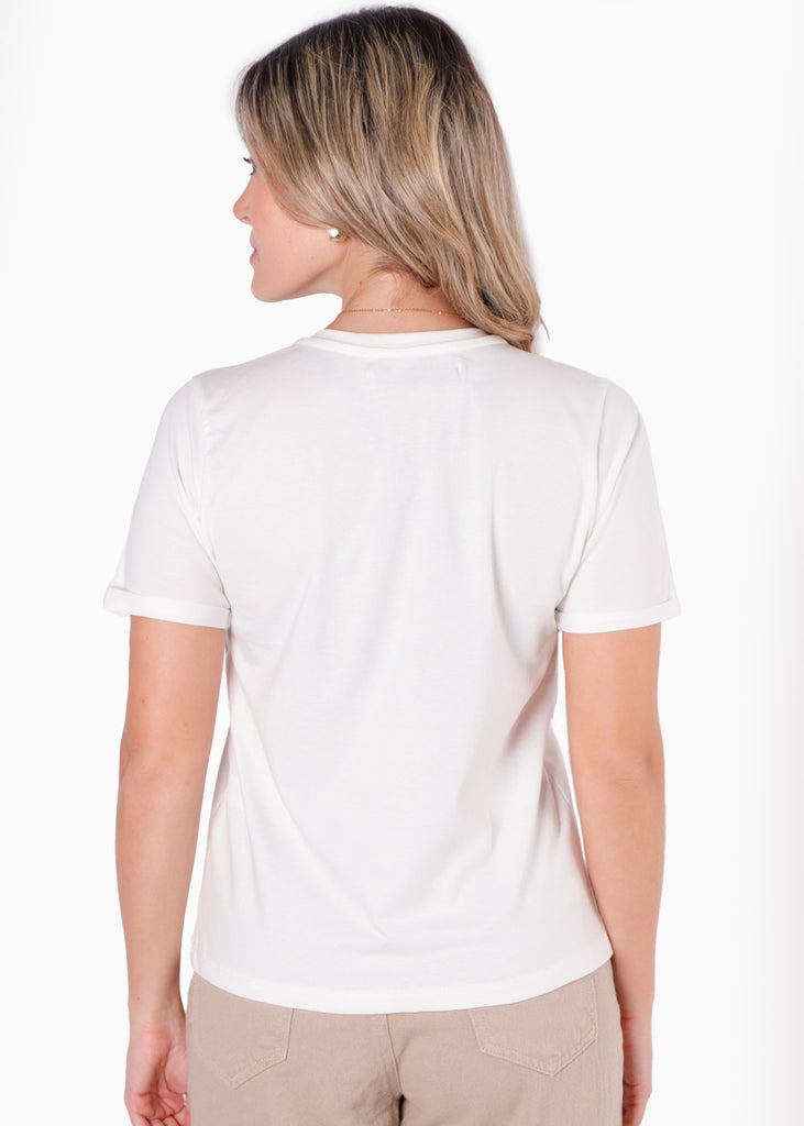 Camiseta con detalle de estrella en rib color blanco, marfil para mujer - Flashy