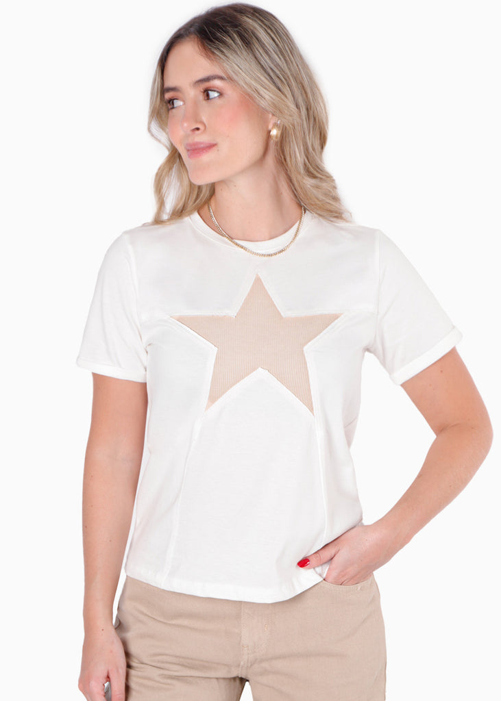 Camiseta con detalle de estrella en rib color blanco, marfil para mujer - Flashy