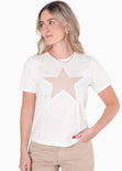 Camiseta con detalle de estrella en rib color blanco, marfil para mujer - Flashy