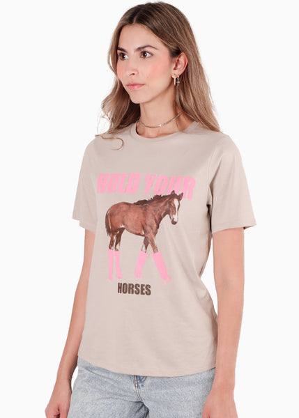 Camiseta con estampado de caballo color beige para mujer - Flashy
