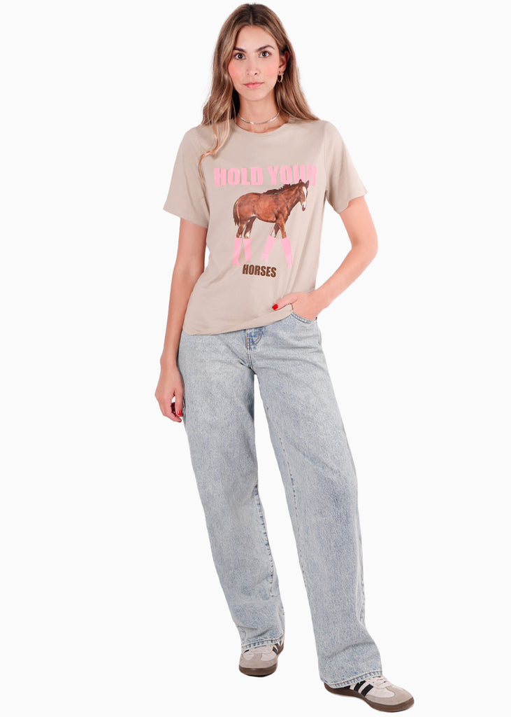 Camiseta con estampado de caballo color beige para mujer - Flashy
