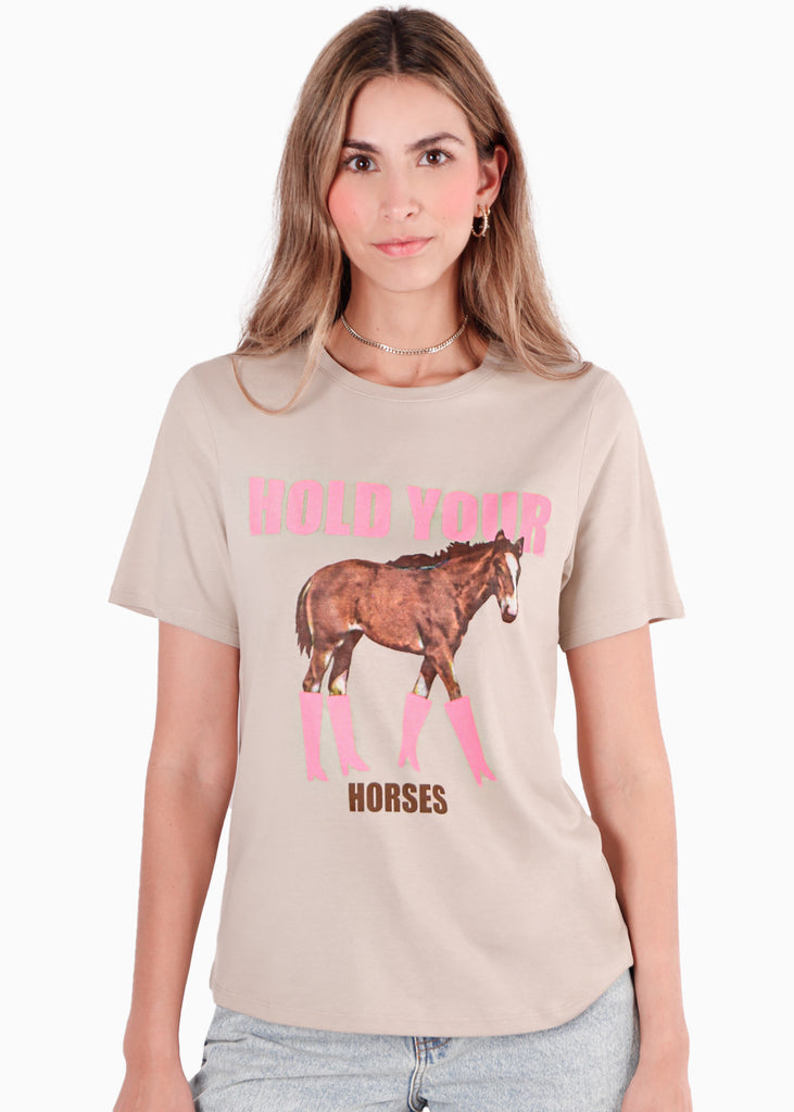 Camiseta con estampado de caballo color beige para mujer - Flashy