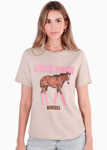 Camiseta con estampado de caballo color beige para mujer - Flashy