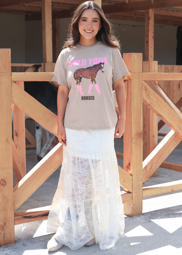 Camiseta con estampado de caballo color beige para mujer - Flashy