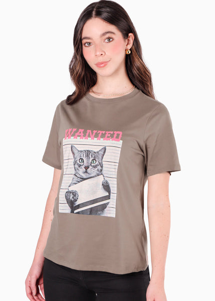 Camiseta con estampado de gato color café para mujer - Flashy