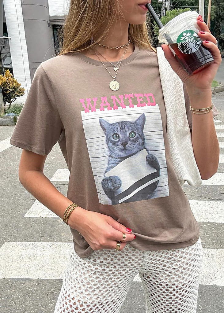 Camiseta con estampado de gato color café para mujer - Flashy