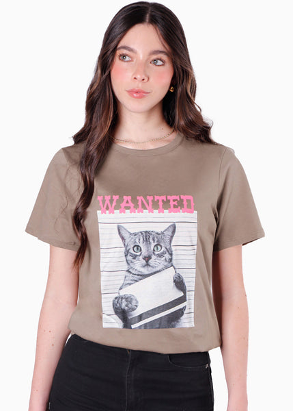 Camiseta con estampado de gato color café para mujer - Flashy