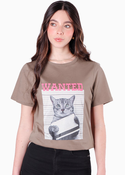 Camiseta con estampado de gato color café para mujer - Flashy