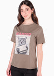 Camiseta con estampado de gato color café para mujer - Flashy