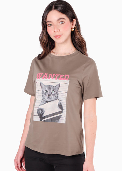 Camiseta con estampado de gato color café para mujer - Flashy