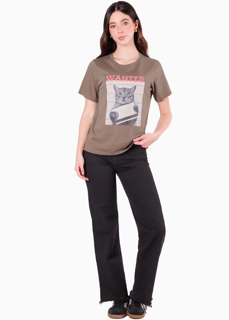 Camiseta con estampado de gato color café para mujer - Flashy