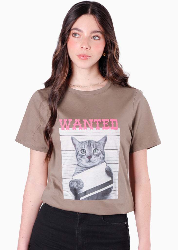 Camiseta con estampado de gato color café para mujer - Flashy