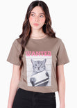 Camiseta con estampado de gato color café para mujer - Flashy