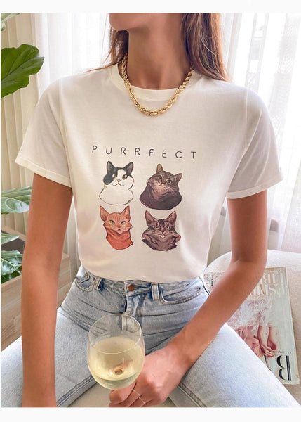 Camiseta con estampado de gatos "Purrfect"  para mujer - Flashy