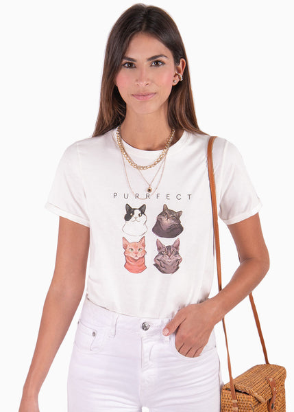 Camiseta con estampado de gatos "Purrfect"  para mujer - Flashy
