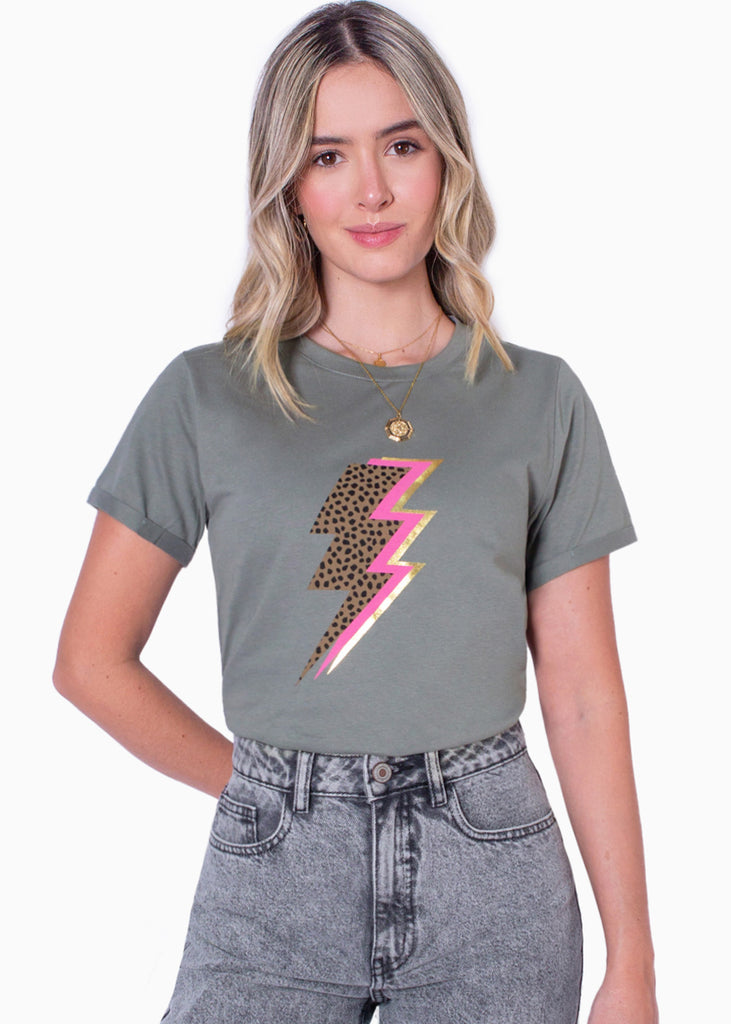 Camiseta con estampado de rayo color gris para mujer - Flashy