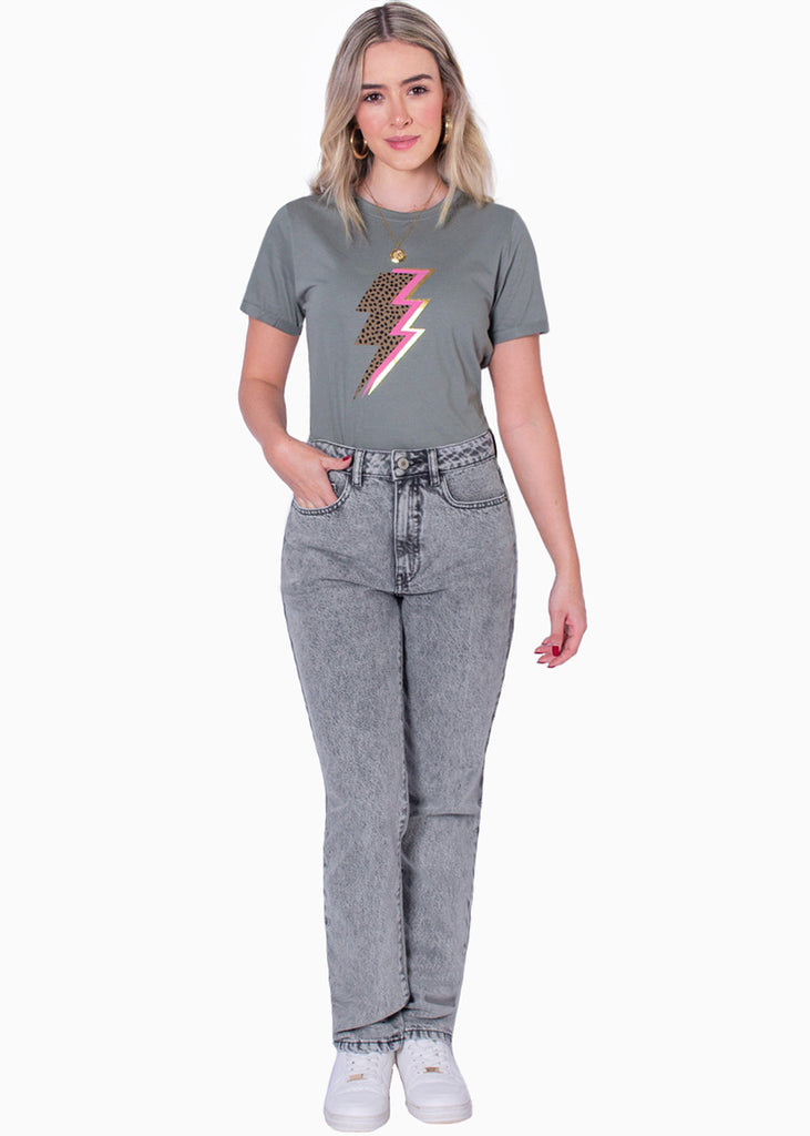 Camiseta con estampado de rayo color gris para mujer - Flashy