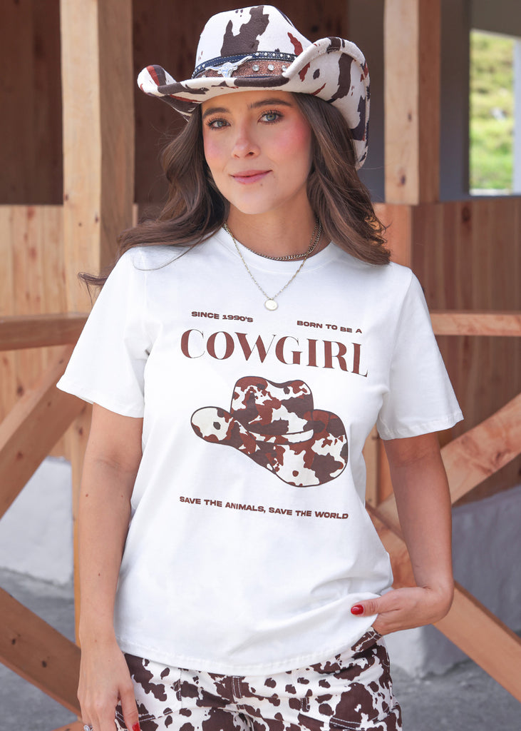Camiseta con estampado de sombrero color blanco, marfil para mujer - Flashy