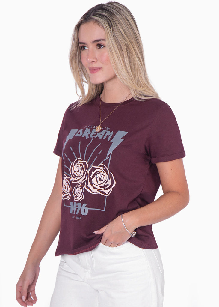Camiseta con estampado "Dream" y rosas color vino para mujer - Flashy