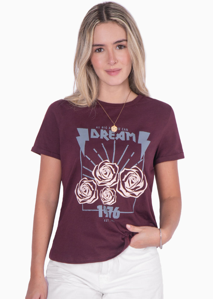 Camiseta con estampado "Dream" y rosas color vino para mujer - Flashy