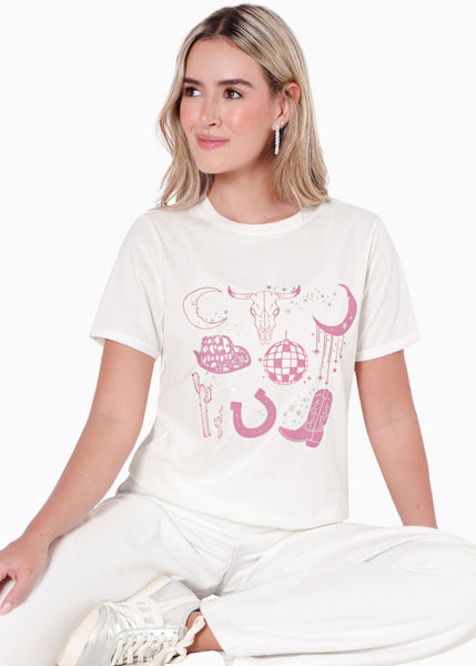Camiseta con estampado texano color blanco, marfil para mujer - Flashy