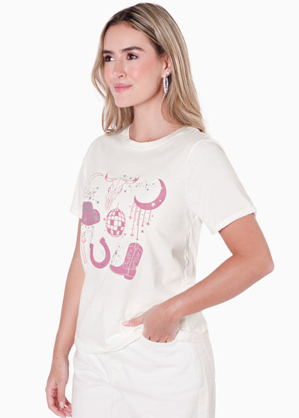 Camiseta con estampado texano color blanco, marfil para mujer - Flashy