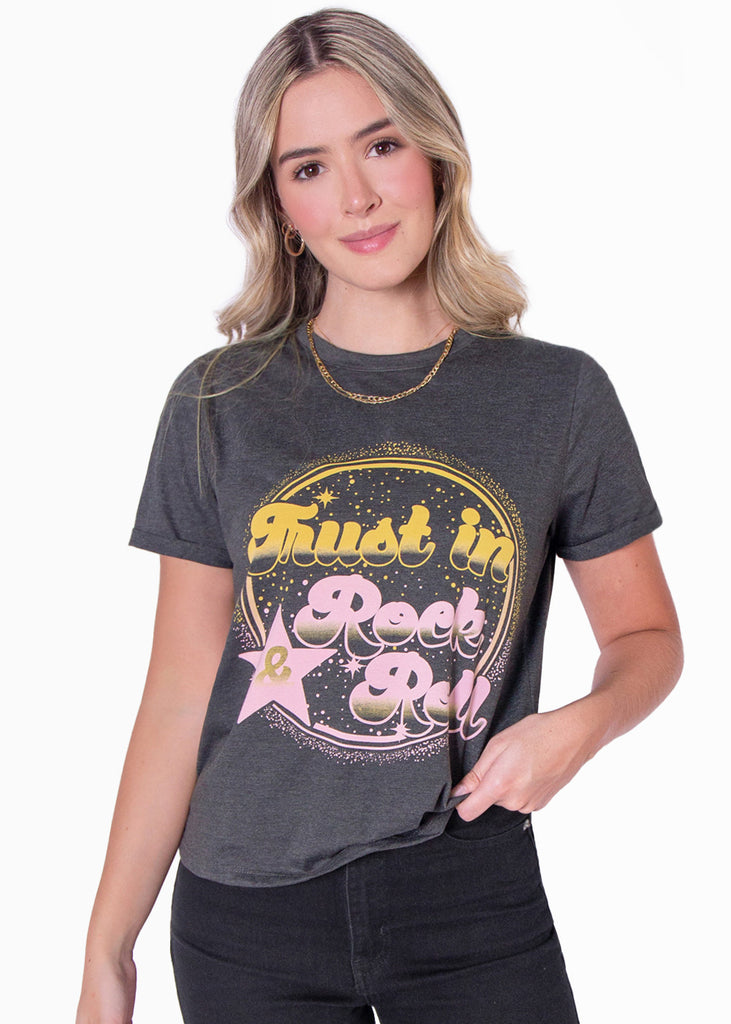 Camiseta con estampado "Trust in rock & roll"  para mujer - Flashy