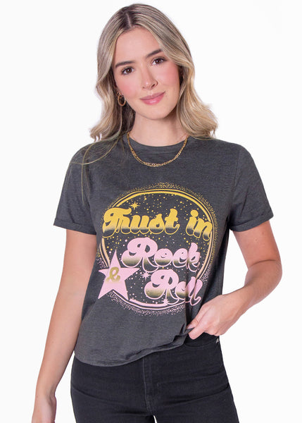 Camiseta con estampado "Trust in rock & roll"  para mujer - Flashy