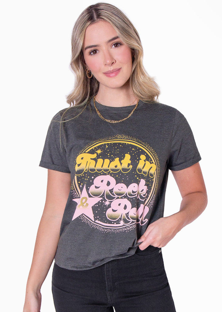 Camiseta con estampado "Trust in rock & roll"  para mujer - Flashy