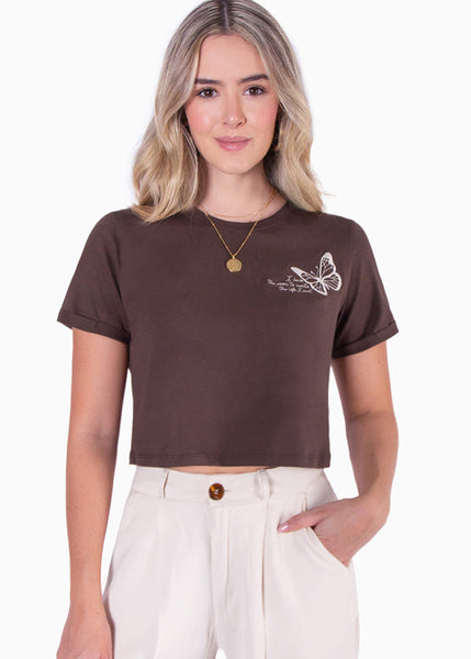 Camiseta corta con bordado de mariposa - NEFERTITI