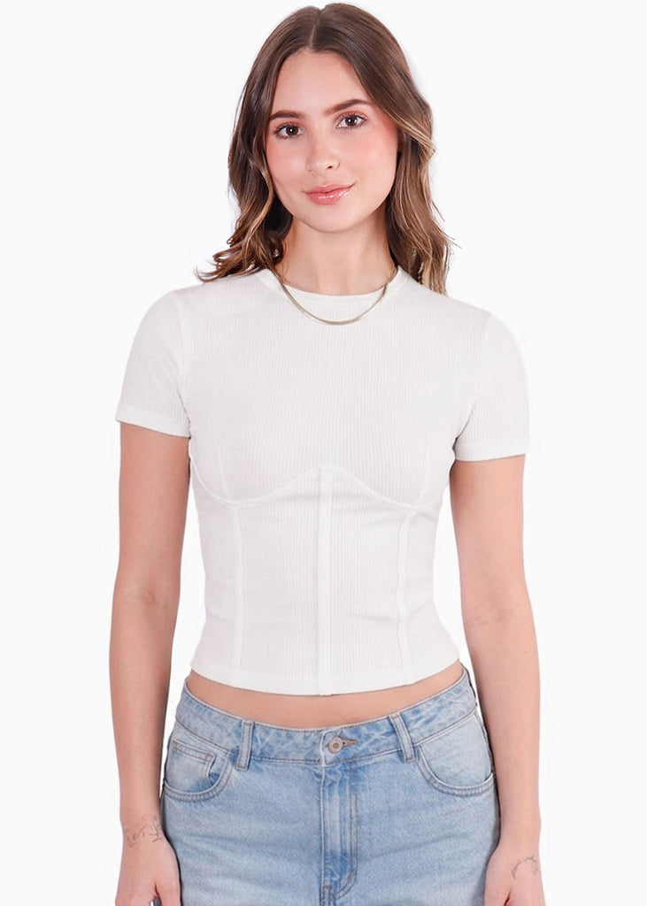 Camiseta corta con corte tipo corset - CRISANTEMO.MARFIL