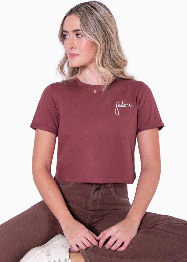 Camiseta corta con estampado bordado "J'adore"  para mujer - Flashy