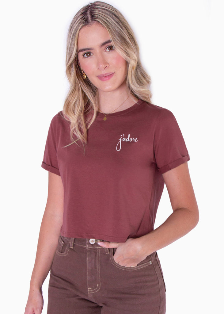 Camiseta corta con estampado bordado "J'adore" - NICOLINE