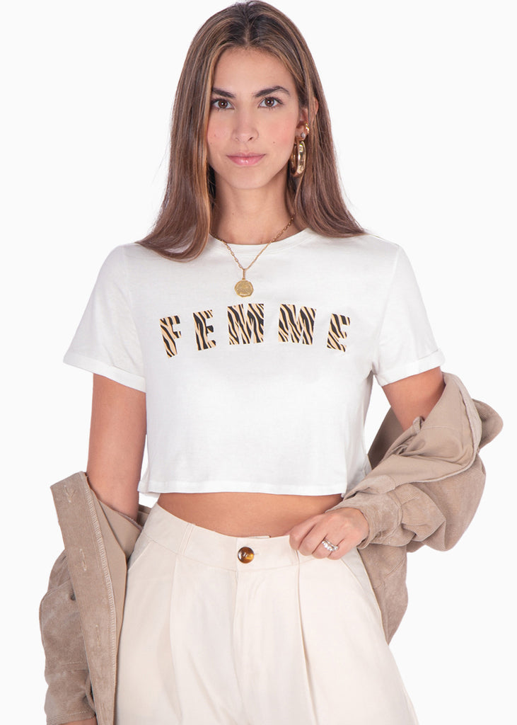 Camiseta corta con estampado "Femme" en animal print - LUKENE