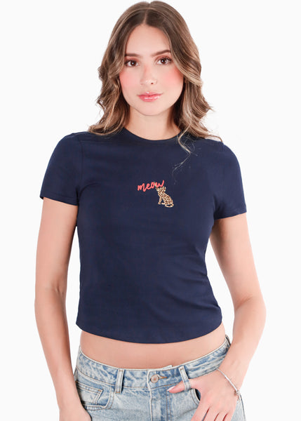 Camiseta corta con estampado MEOW color azul para mujer - Flashy