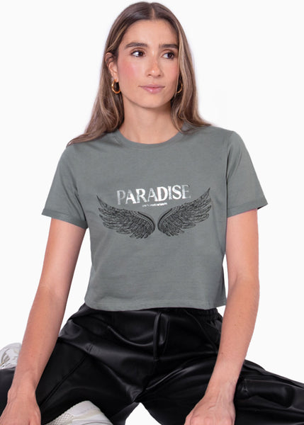 Camiseta corta con estampado "Paradise" y alas  para mujer - Flashy