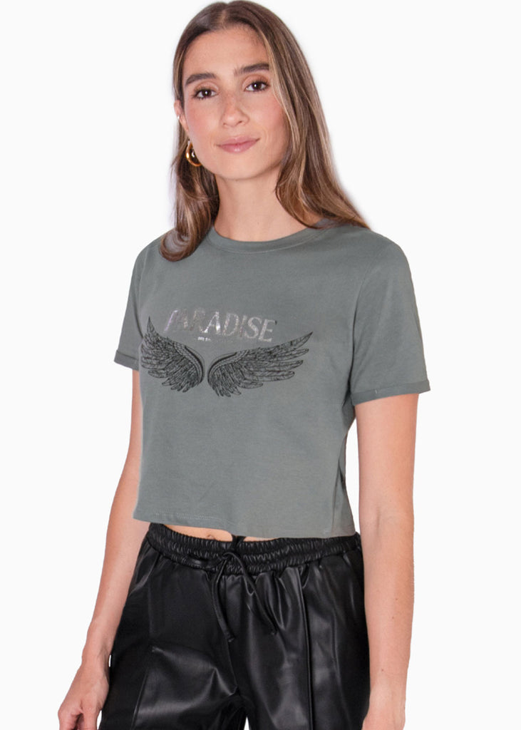 Camiseta corta con estampado "Paradise" y alas  para mujer - Flashy