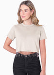 Camiseta crop con apliques de piedras brillantes color beige para mujer - Flashy