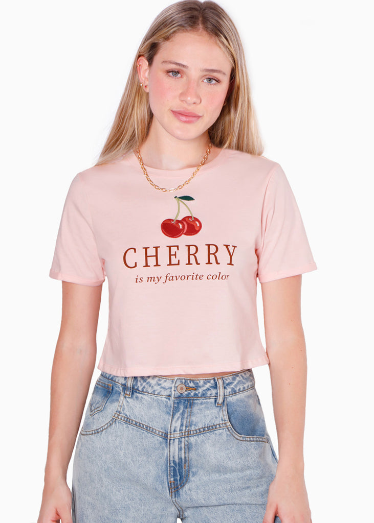 Camiseta crop con bordado "Cherry is my favorite color" color rosado para mujer - Flashy