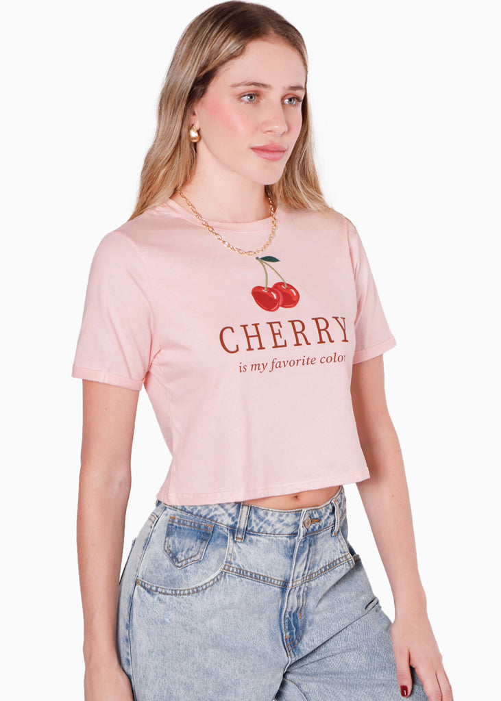 Camiseta crop con bordado "Cherry is my favorite color" color rosado para mujer - Flashy