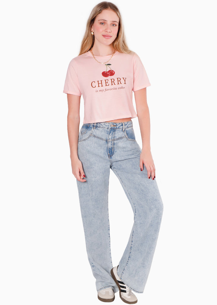 Camiseta crop con bordado "Cherry is my favorite color" color rosado para mujer - Flashy