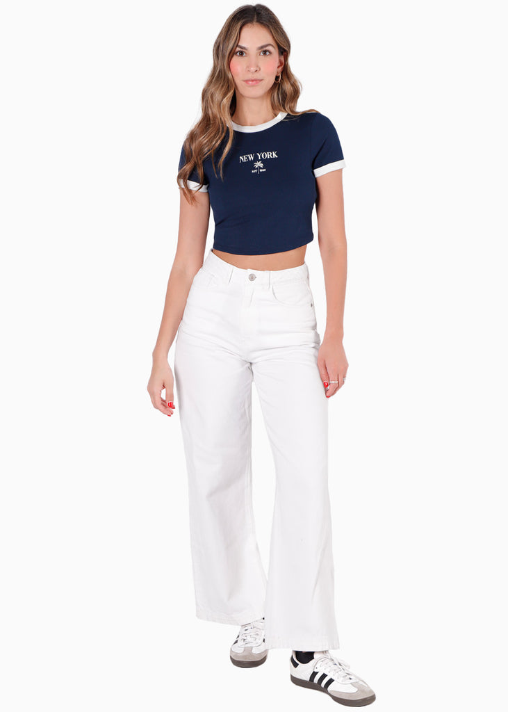 Camiseta crop con bordado, cuello y puños en contraste color azul para mujer - Flashy