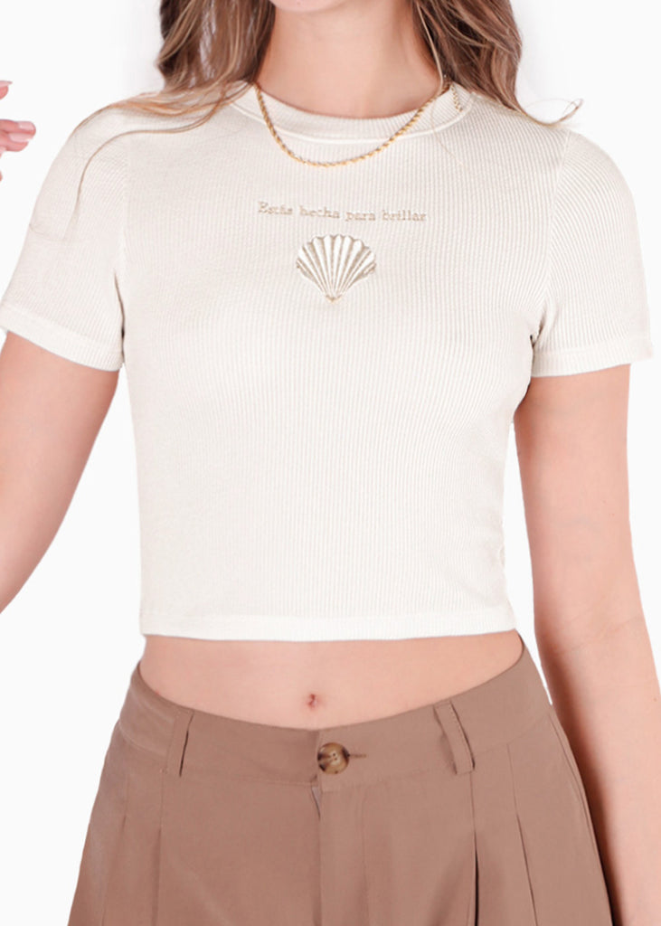 Camiseta crop con bordado "Estás hecha para brillar" color beige para mujer - Flashy